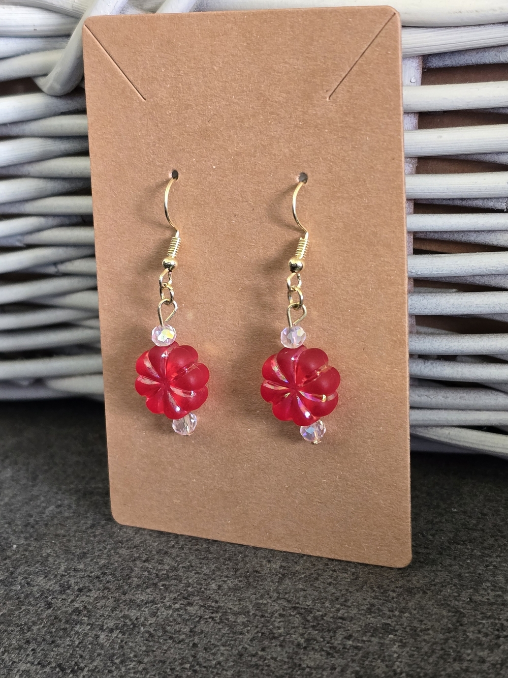 Handmade Red Flower Glass Drop Earrings - Picture 2 of 5